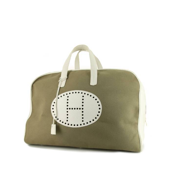 Hermes Sac de Week-End travel bag in white togo leather and khaki canvas - 00pp