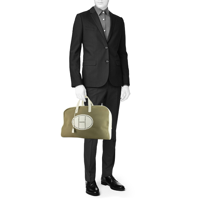 Borsa da viaggio Hermes Sac de Week-End in pelle togo bianca e tela verde kaki - Detail D1