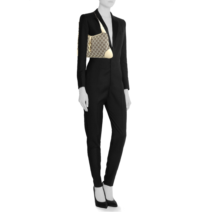 Bolso de mano Gucci Jackie en lona Monogram gris y cuero color crema - Detail D1