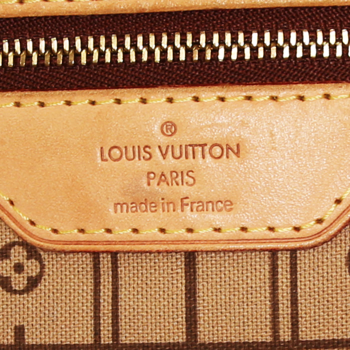 Sac cabas Louis Vuitton Neverfull grand modèle en toile monogram et cuir naturel - Detail D3