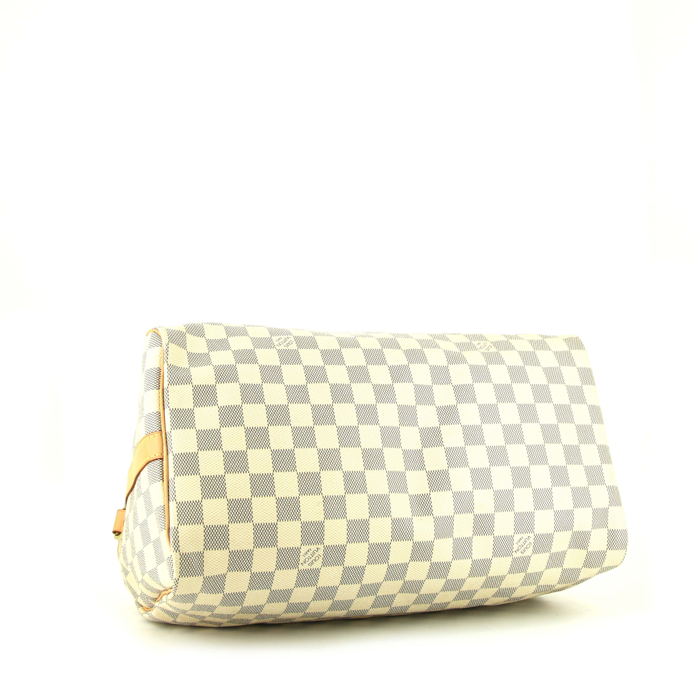 Sac bandoulière Louis Vuitton Speedy 35 en toile damier azur et cuir naturel - Detail D5
