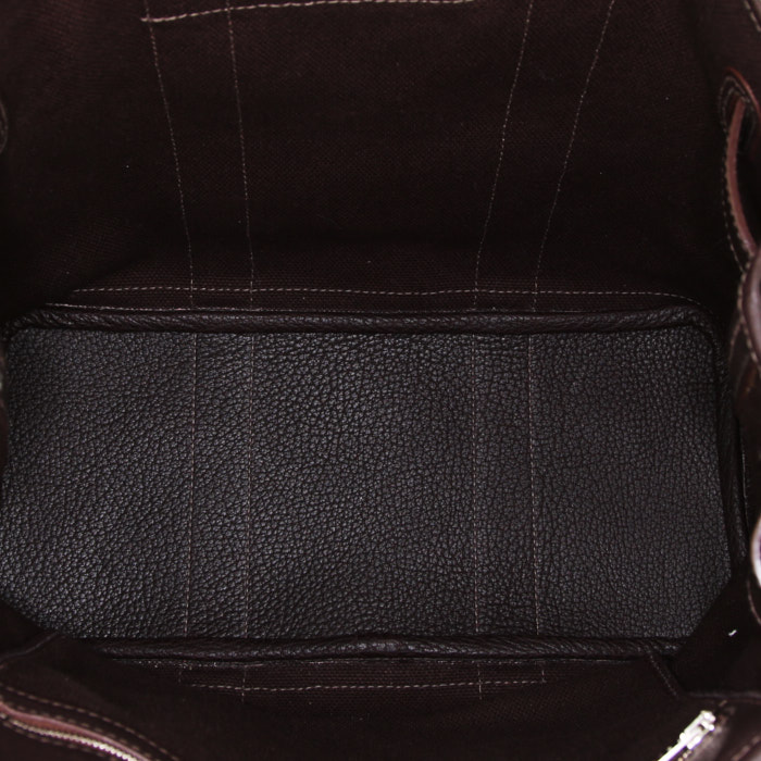 Sac à main Hermès en cuir marron et toile marron - Detail D2