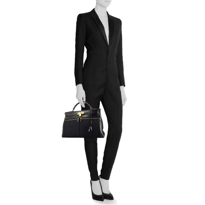 Sac à main Hermes Kelly Lakis en cuir Swift noir et toile noire - Detail D1