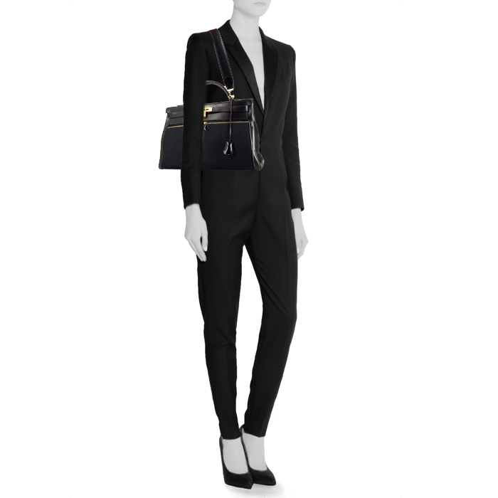 Hermes Kelly Lakis handbag in black Swift leather and black canvas - Detail D2