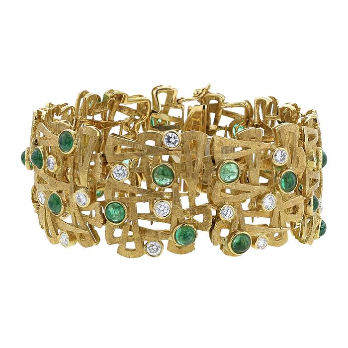Articulated Vintage 1970's bracelet in yellow gold,  emerald and diamonds - 00pp