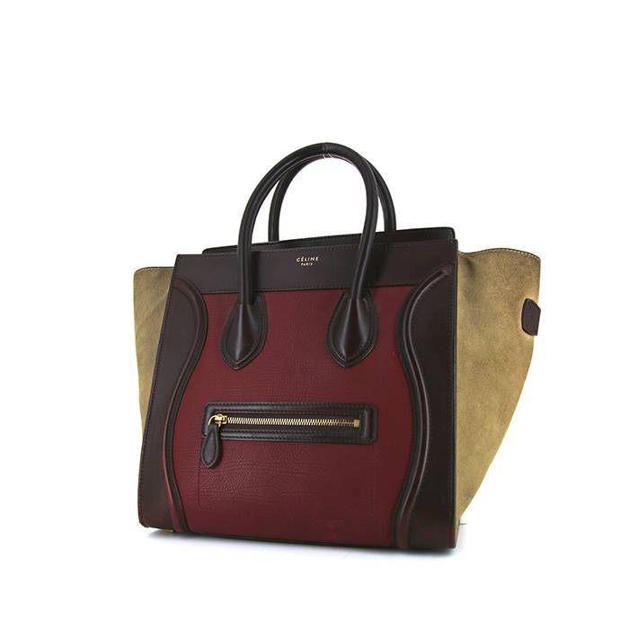 Celine Luggage handbag in burgundy and brown leather and beige suede - 00pp