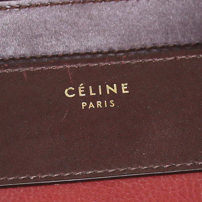 Bolso de mano Celine Luggage en cuero color burdeos y marrón y ante beige - Detail D3