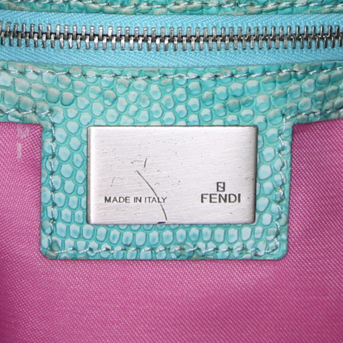 Bolso de mano Fendi Big Mama en lona denim turquesa y piel de lagarto turquesa - Detail D3