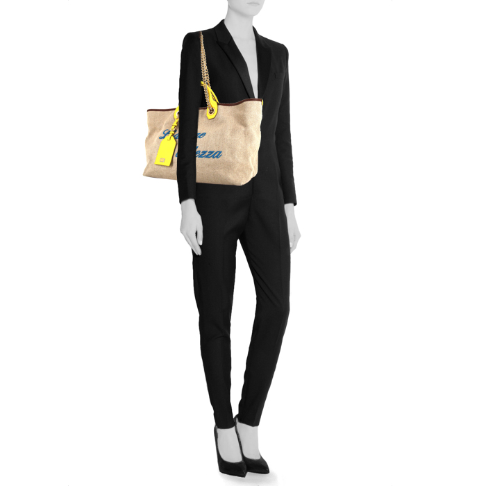 Dolce & Gabbana shopping bag in beige canvas and yellow leather - Detail D2