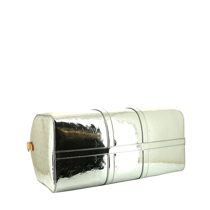 Borsa weekend Louis Vuitton Keepall 50 cm Editions Limitées in tela monogram Mirror argentata e pelle naturale - Detail D5