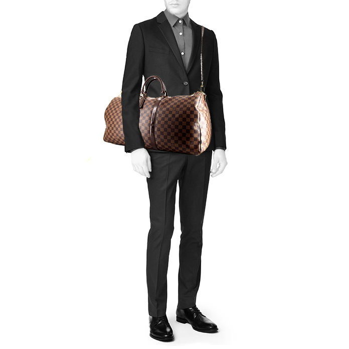 Bolsa de viaje Louis Vuitton Keepall 55 cm en lona a cuadros ébano y cuero esmaltado marrón - Detail D2