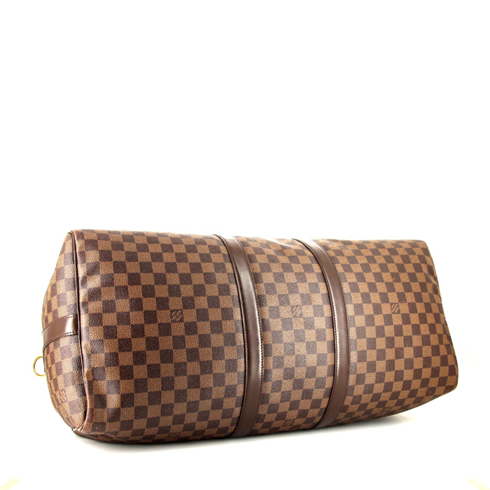 Bolsa de viaje Louis Vuitton Keepall 55 cm en lona a cuadros ébano y cuero esmaltado marrón - Detail D5