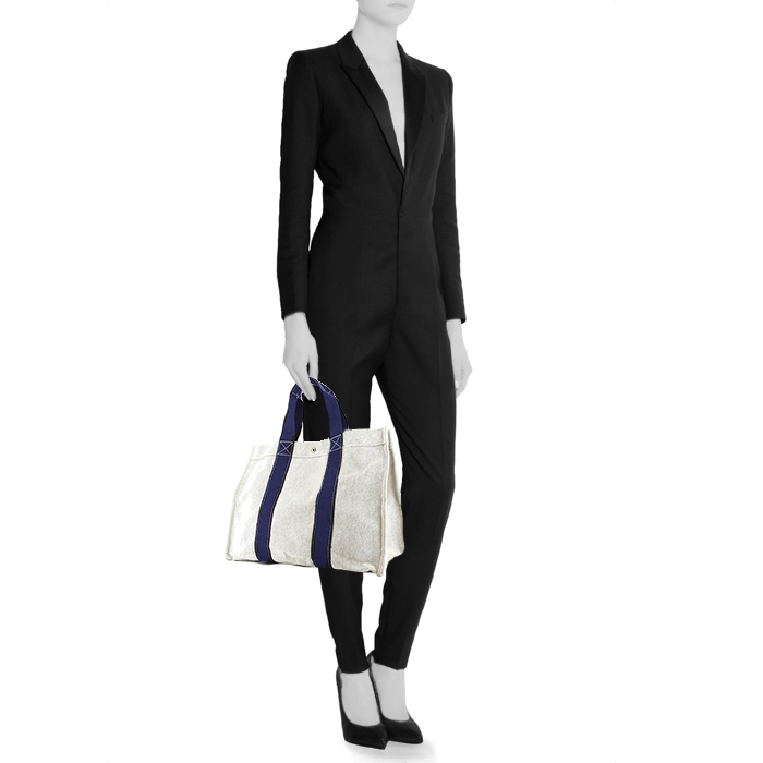 Bolso Cabás Hermes Toto Bag - Shop Bag en lona gris y azul marino - Detail D1