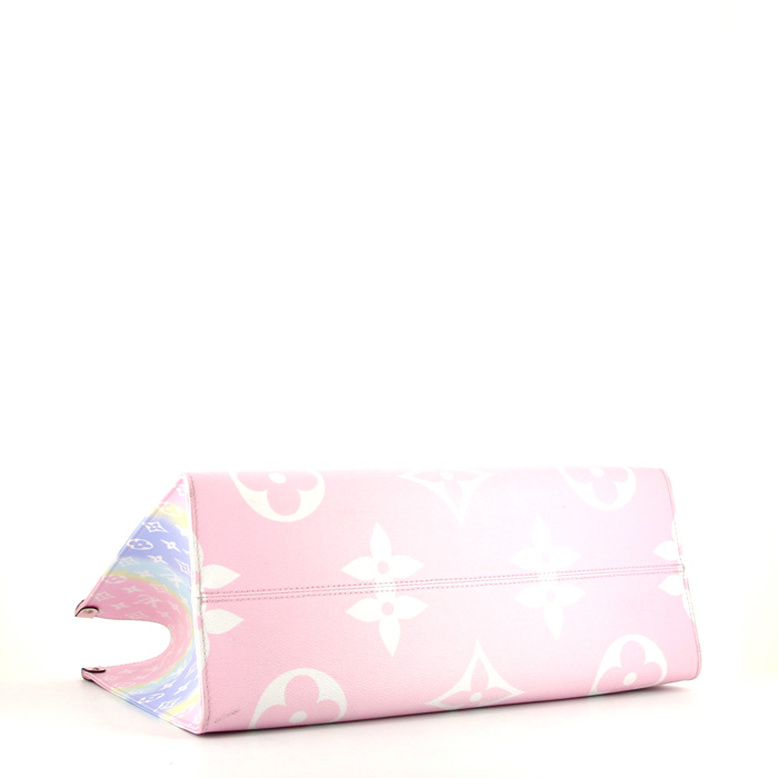 Shopping bag Louis Vuitton Onthego Escale Monaco modello grande in tela monogram rosa blu e gialla e pelle rosa - Detail D5