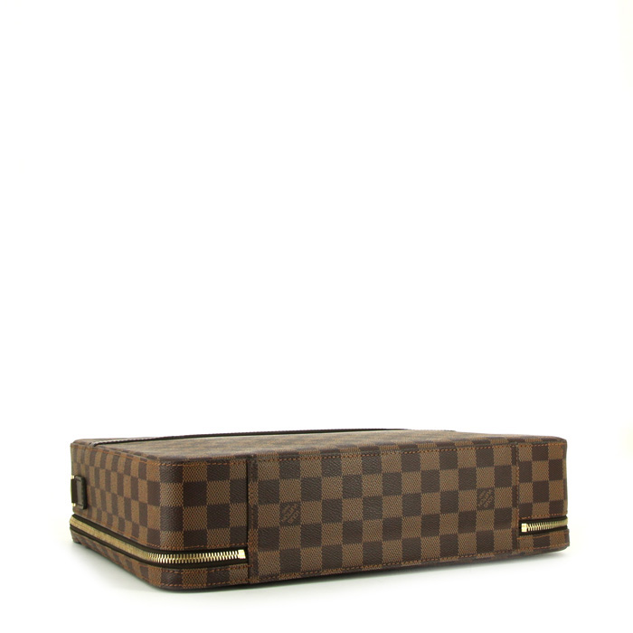 Borsa portadocumenti Louis Vuitton Porte documents Voyage in tela a scacchi ebana e pelle marrone - Detail D5