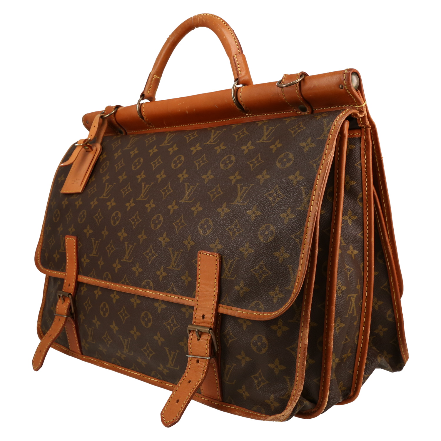 Bolsa de viaje Louis Vuitton Sac de chasse en lona Monogram marrón y cuero natural - Detail D2