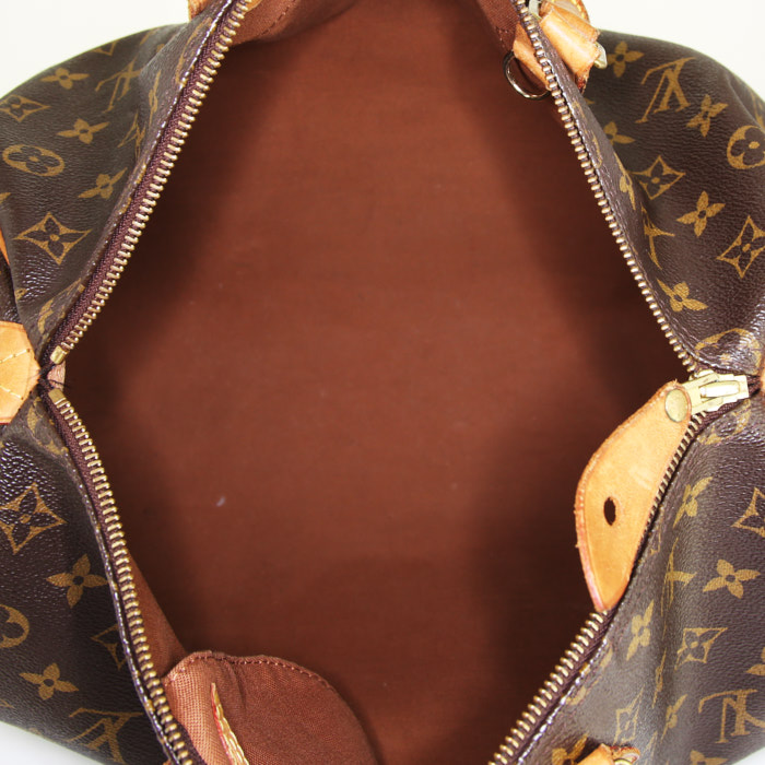 Sac à main Louis Vuitton Speedy 35 en toile monogram marron et cuir naturel - Detail D2