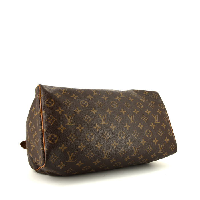 Sac à main Louis Vuitton Speedy 35 en toile monogram marron et cuir naturel - Detail D4