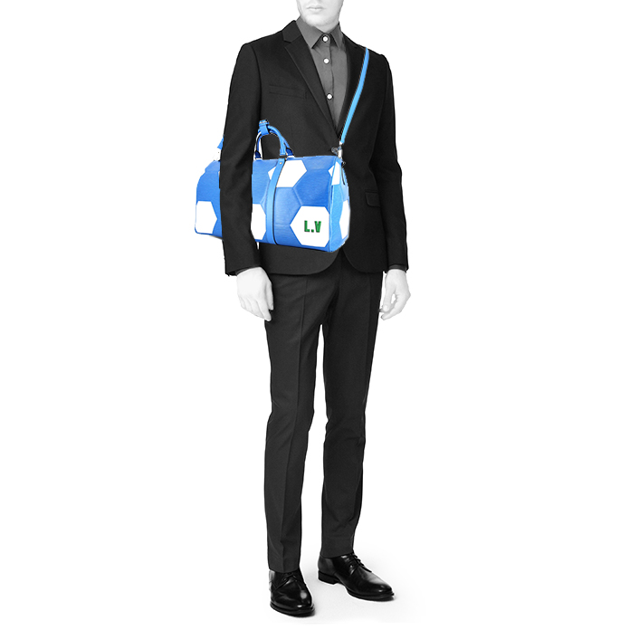 Sac de week end Louis Vuitton  Keepall Editions Limitées en cuir épi bleu et blanc - Detail D2