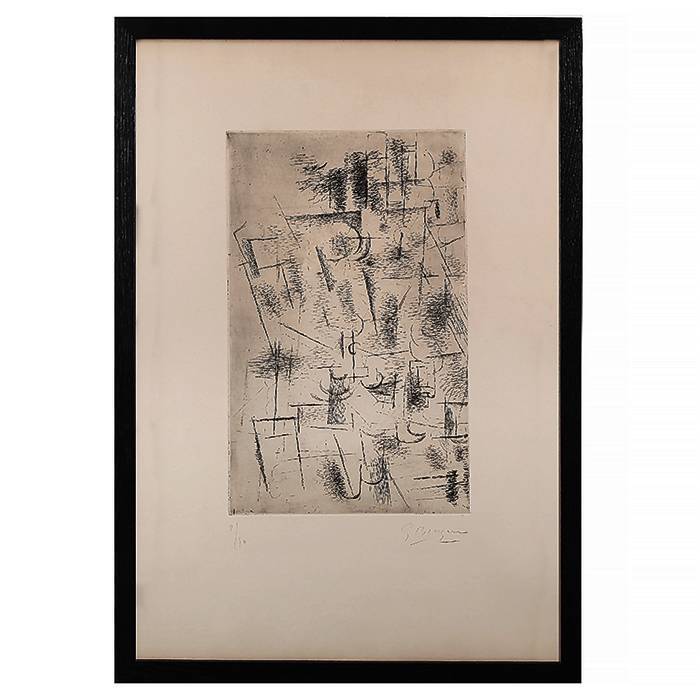 Georges Braque, "Composition ou Nature morte aux verres", etching in black on Arche paper, signed, numbered and framed, of 1912, print of 1950 - 00pp
