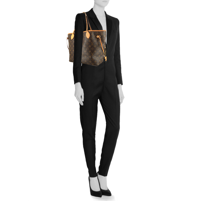 Louis Vuitton Neverfull medium model shopping bag in brown monogram canvas and natural leather - Detail D1