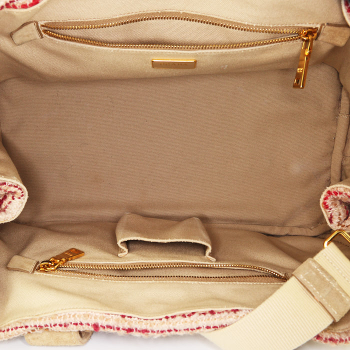 Prada shopping bag in pink and beige multicolor canvas - Detail D3