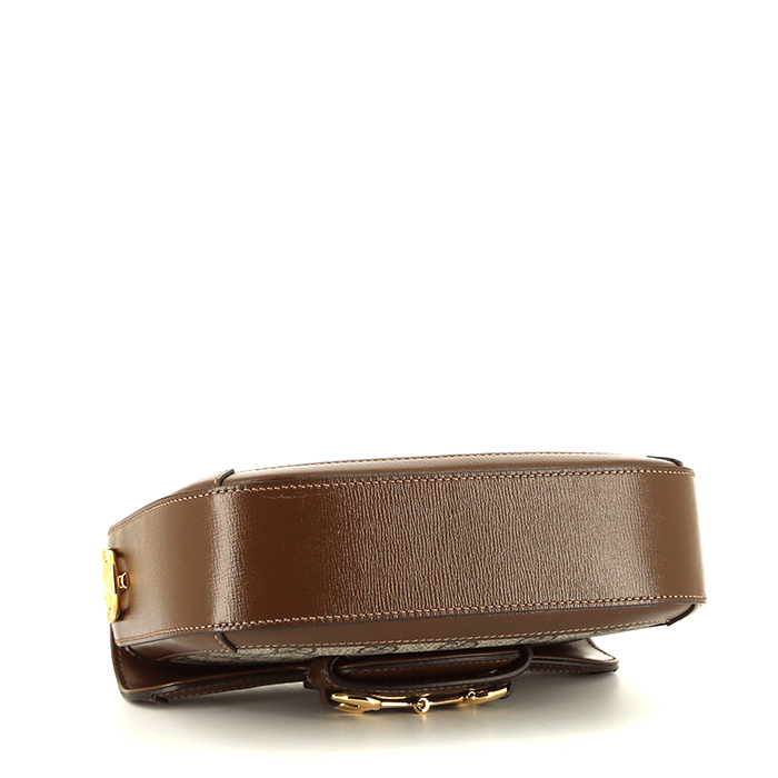 Borsa a tracolla Gucci 1955 Horsebit mini in tela monogram beige e pelle marrone - Detail D5