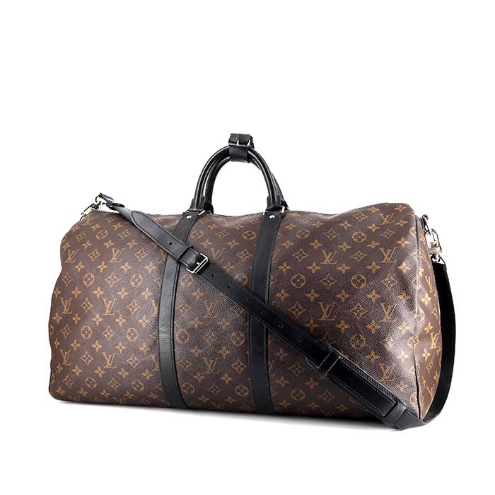 Borsa da viaggio Louis Vuitton Keepall 55 cm in tessuto a monogramma Macassar marrone e pelle nera - 00pp
