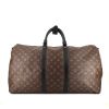 Bolsa de viaje Louis Vuitton Keepall 55 cm en lona Monogram Macassar marrón y cuero negro - 360 thumbnail