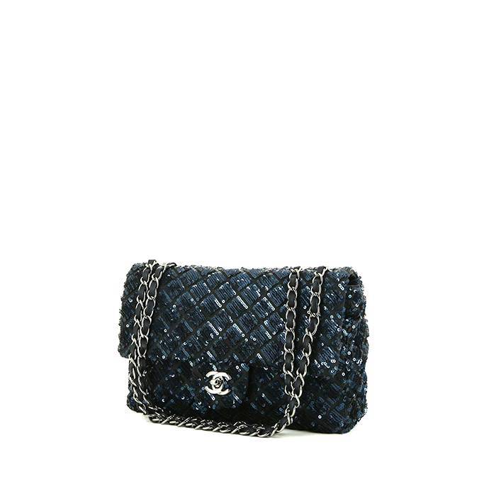 Bolso de mano Chanel Timeless en lona acolchada negra y lentejuelas azules - 00pp