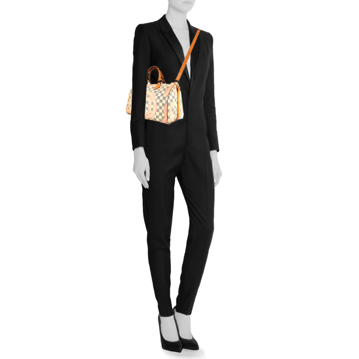 Louis Vuitton Speedy Tahitienne Editions Limitées handbag in azur damier canvas and natural leather - Detail D2