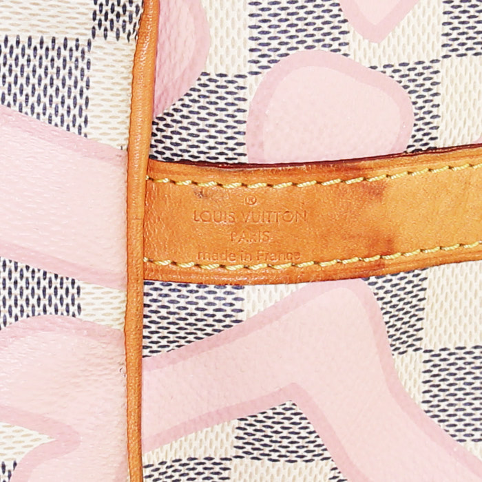 Bolso de mano Louis Vuitton Speedy Tahitienne Editions Limitées en lona a cuadros azul celeste y cuero natural - Detail D4