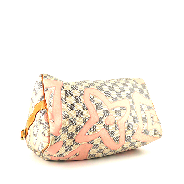 Bolso de mano Louis Vuitton Speedy Tahitienne Editions Limitées en lona a cuadros azul celeste y cuero natural - Detail D5