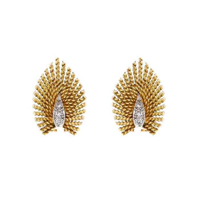 Vintage 1950's earrings for non pierced ears in yellow gold,  white gold and diamonds - 00pp