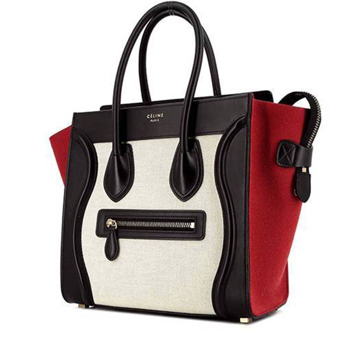 Celine Luggage Micro handbag in beige and red canvas and black leather - 00pp
