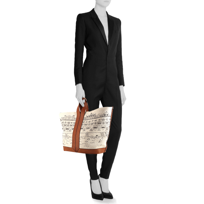 Lanvin shopping bag in beige canvas and brown leather - Detail D1