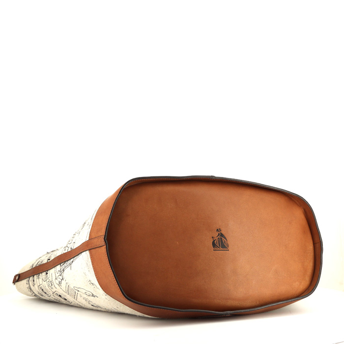 Shopping bag Lanvin in tela beige con motivo e pelle marrone - Detail D5