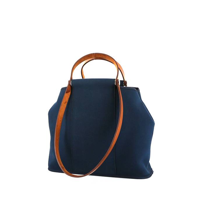 Hermès Cabag shopping bag in navy blue canvas and brown Hunter cowhide - 00pp