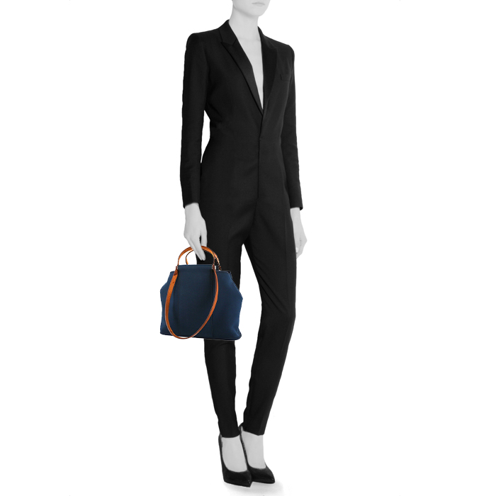 Hermès Cabag shopping bag in navy blue canvas and brown Hunter cowhide - Detail D1