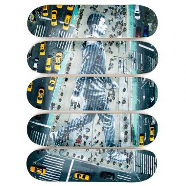 JR x The Skateroom,  "Migrants, walking New York City, New York, USA", a set of five silkscreened skateboards, numbered and stamped, certificate of authenticity, of 2019