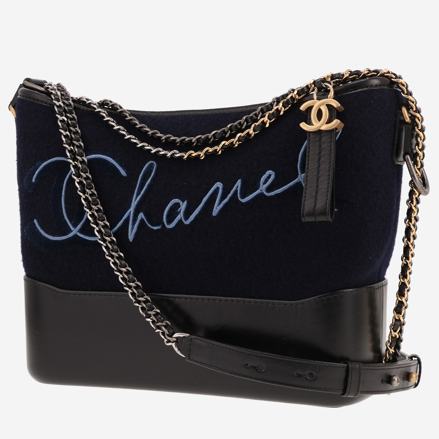 Chanel Gabrielle Collection Paris-Hamburg shoulder bag in navy blue whool and black leather