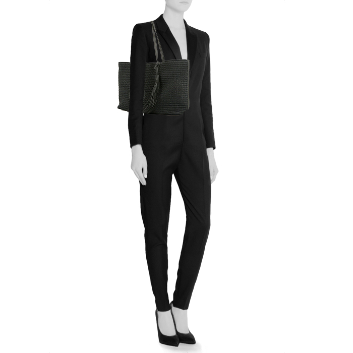 Saint Laurent Cabas YSL shopping bag in black raphia and black leather - Detail D1