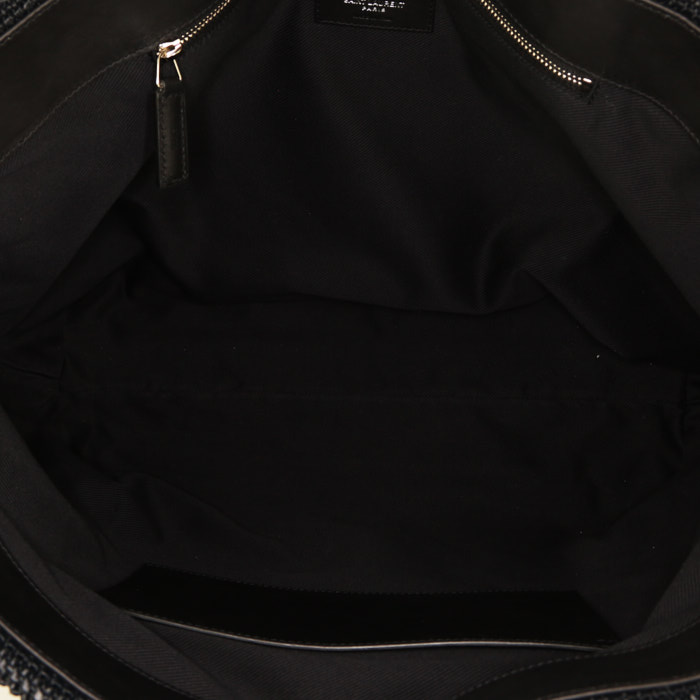 Saint Laurent Cabas YSL shopping bag in black raphia and black leather - Detail D2
