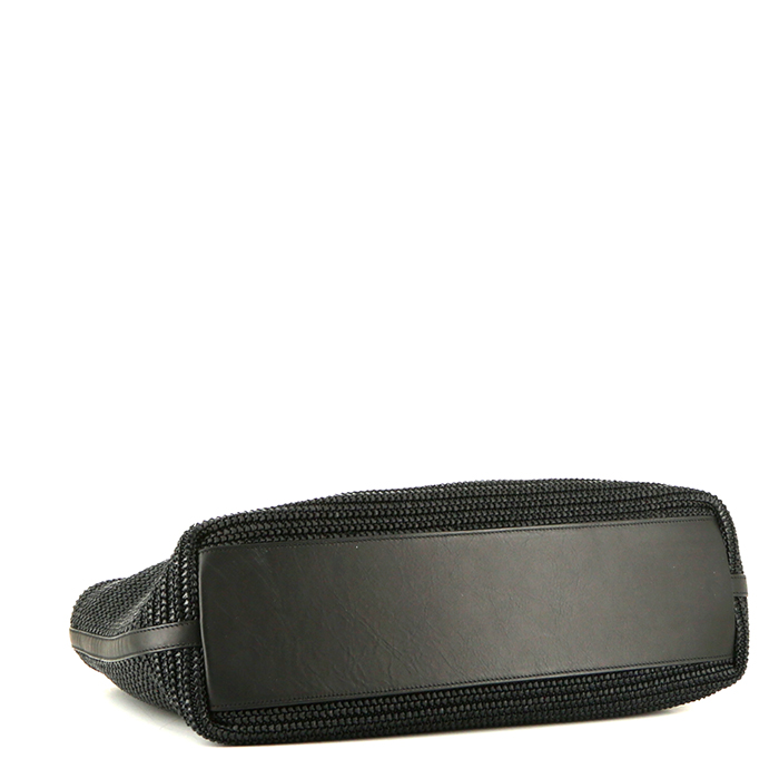 Saint Laurent Cabas YSL shopping bag in black raphia and black leather - Detail D4