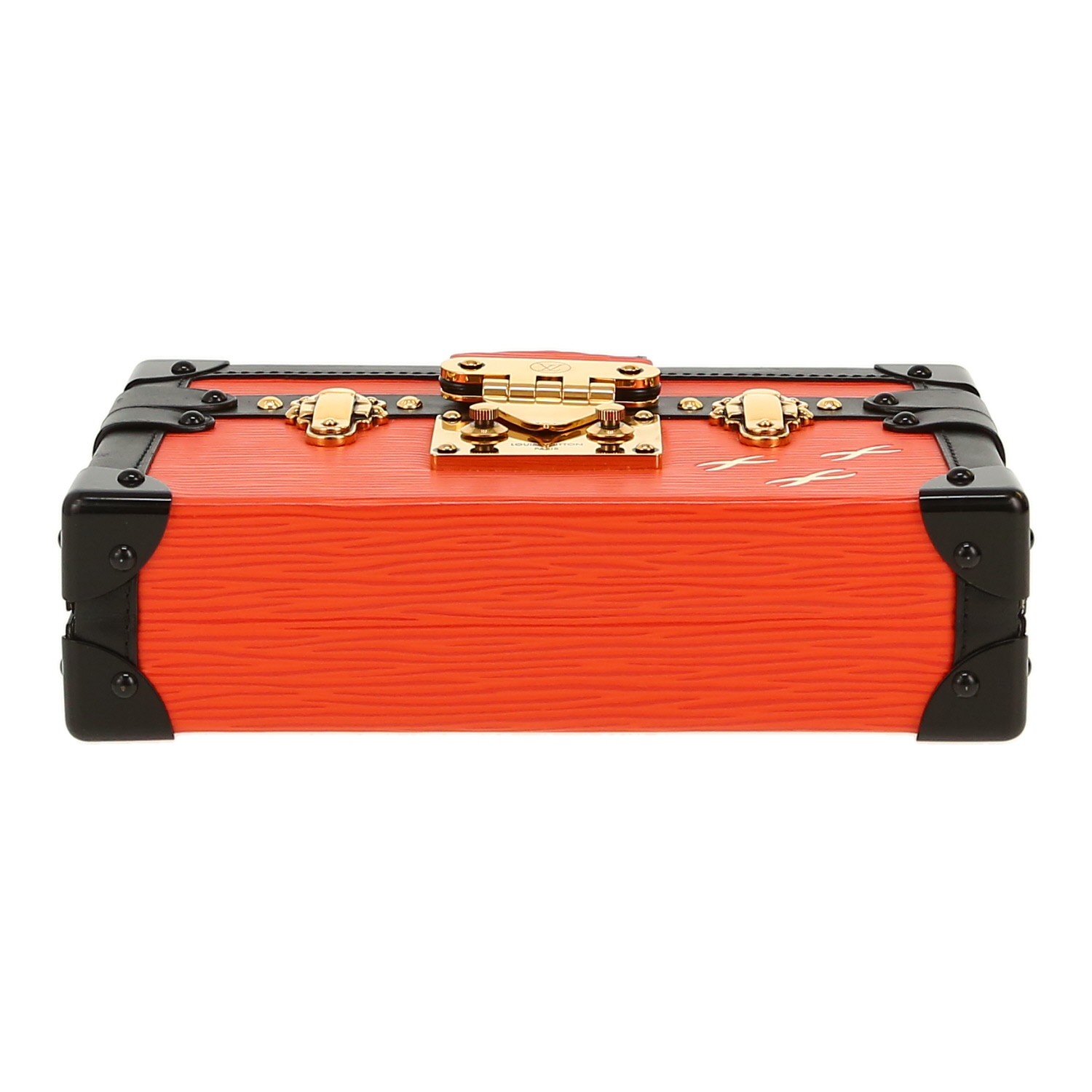 Malle Louis Vuitton Petite Malle en cuir épi orange et cuir noir - Detail D1