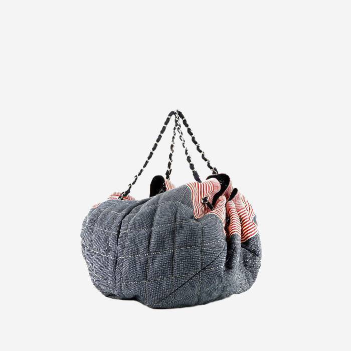Borsa Chanel Coco Mark Tote in tela bianca e rossa a righe e tela denim blu