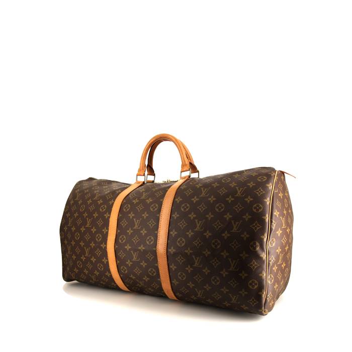 Borsa da viaggio Louis Vuitton Keepall 60 cm in tela monogram marrone e pelle naturale - 00pp