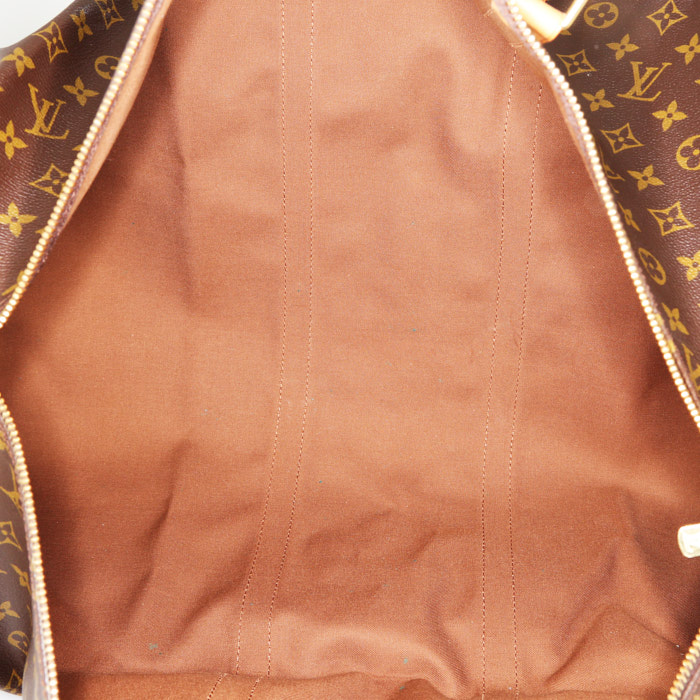Borsa da viaggio Louis Vuitton Keepall 60 cm in tela monogram marrone e pelle naturale - Detail D2
