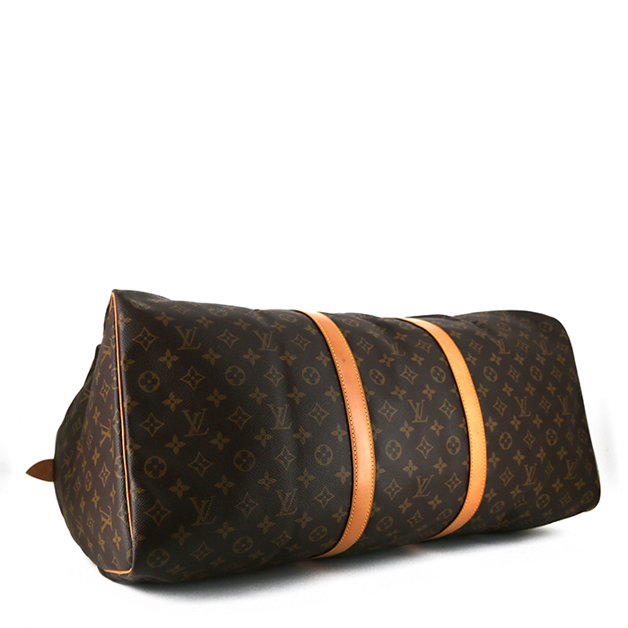 Sac de voyage Louis Vuitton Keepall 60 cm en toile monogram marron et cuir naturel - Detail D4