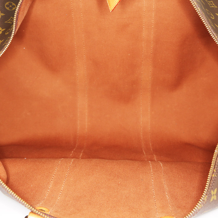 Borsa da viaggio Louis Vuitton Keepall 60 cm in tela monogram marrone e pelle naturale - Detail D2